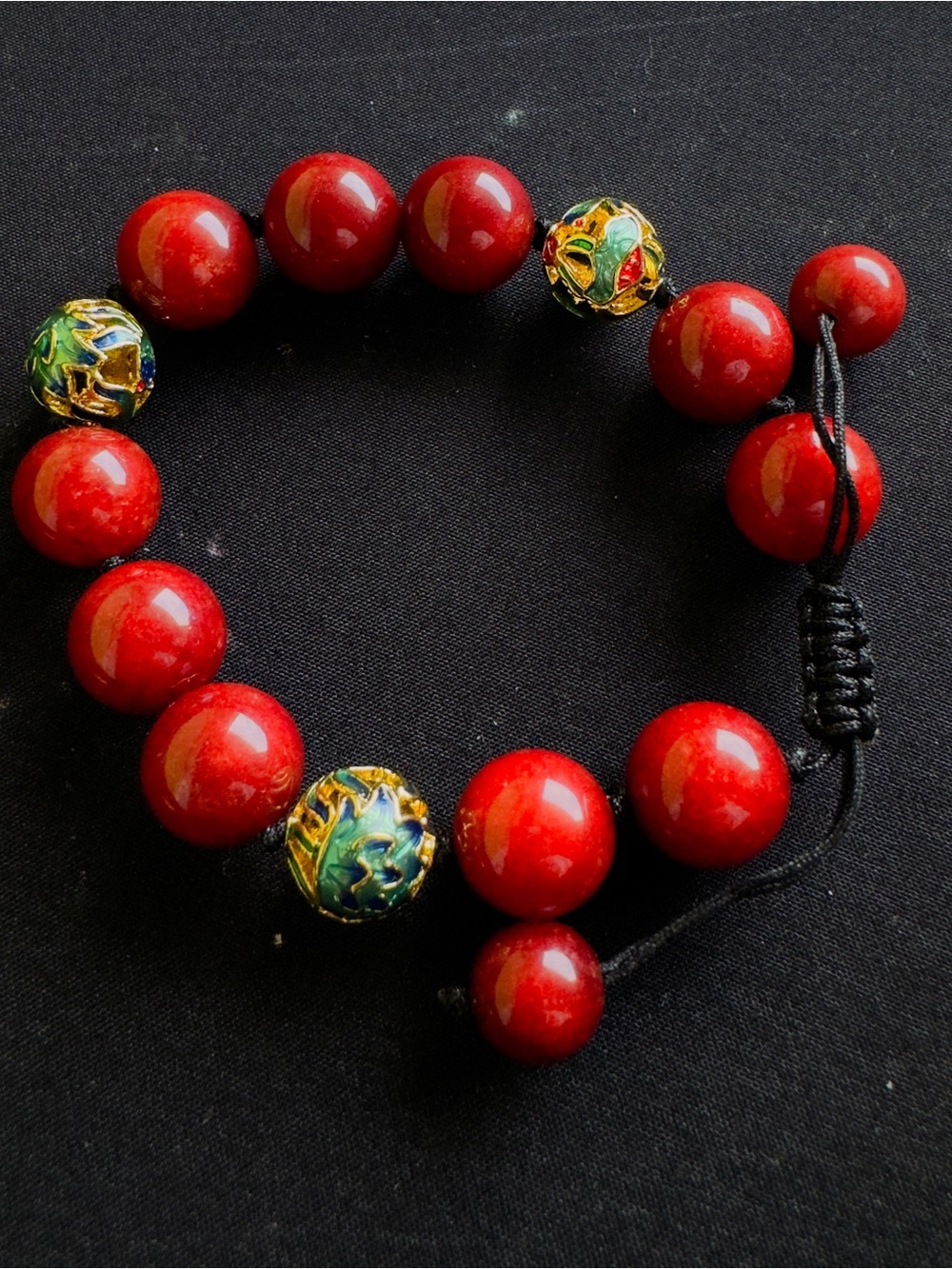 Red Beaded Stretch Bracelet with Cloisonné Accent Beads